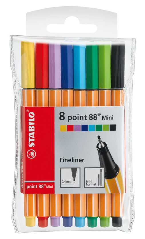 Fineliner - STABILO point 88 MINI - Wallet of 8 - Assorted Colours
