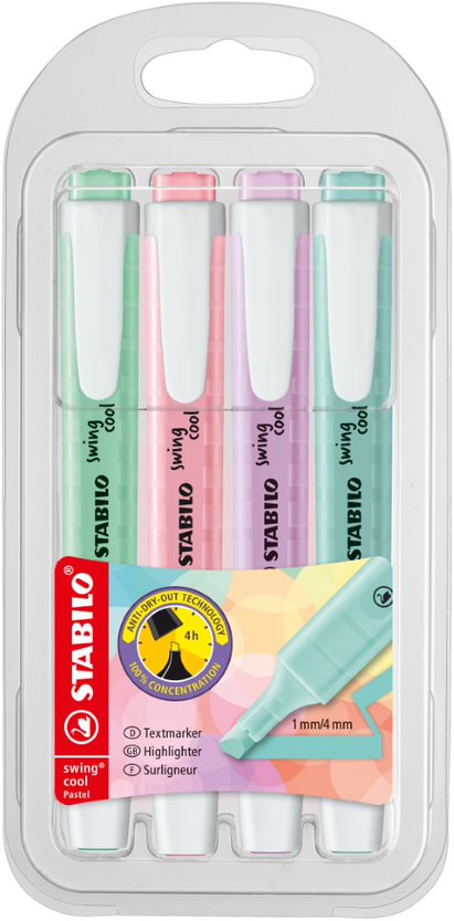 Highlighter - STABILO swing cool Pastel - Wallet of 4 - Assorted Colours