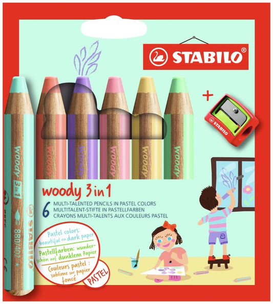 Multi-talented Pencil STABILO woody Pastel 3-in-1 Wallet of 6 - Assorted Colours + Sharpener