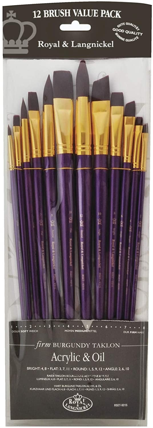 12 Piece Burgundy Taklon Flat Variety Brush Sett