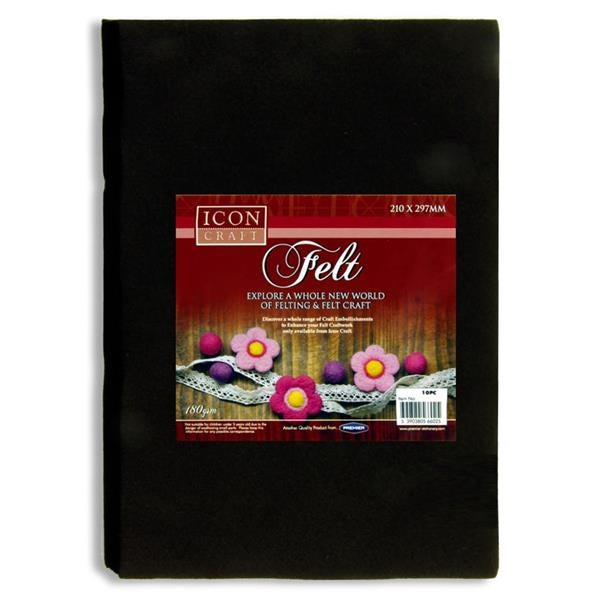 Icon Craft A4 Felt Sheets - Black (10 Pack)