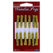 ICON CRAFT CARD 12 GLITTER WOODEN PEGS - GOLD
